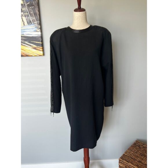Vintage Linda Allard for Ellen Tracy Black Wool Dress with Bugle Beads Size 12 - Picture 1 of 16